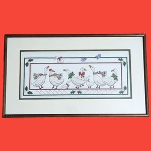 Vintage Cross Stitch Framed 8 Geese Gathering Christmas Holiday Blue Bird Holly